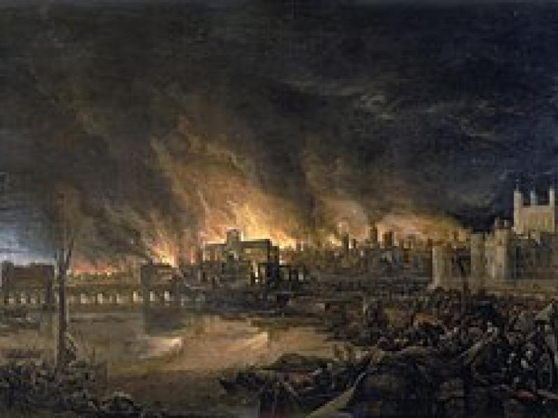 Grabado del gran incendio de Londres de 1666.